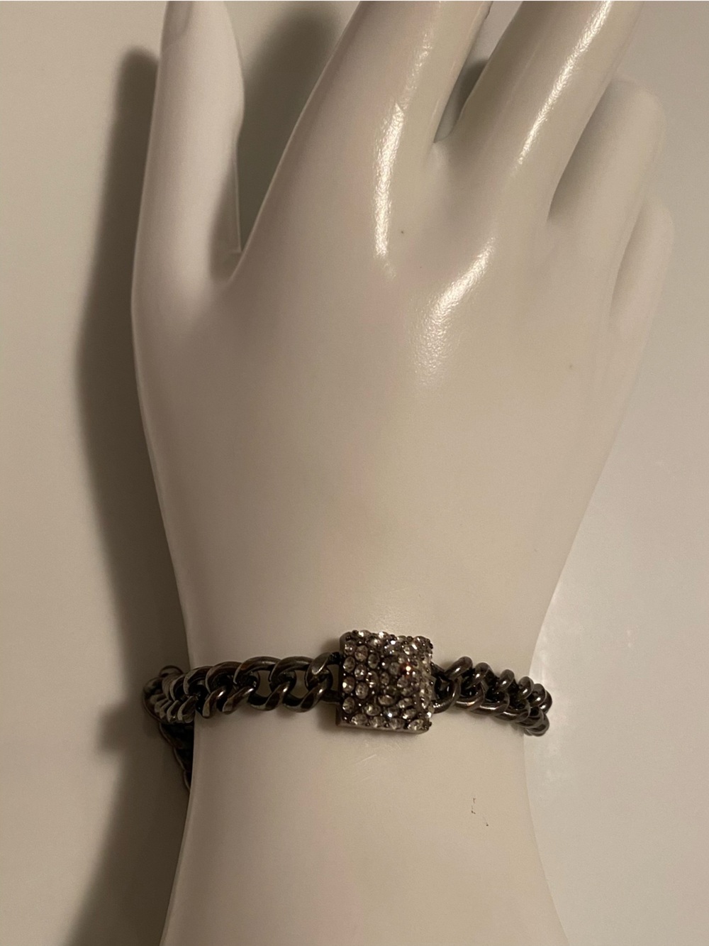 Pave Crystal Square Charm Chain Bracelet - Black Silver Tone